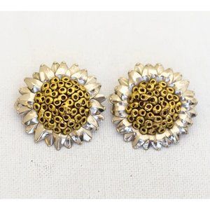 Vintage Intricate Two Tone Sunflower Large Clip On Earrings by ixel - A18